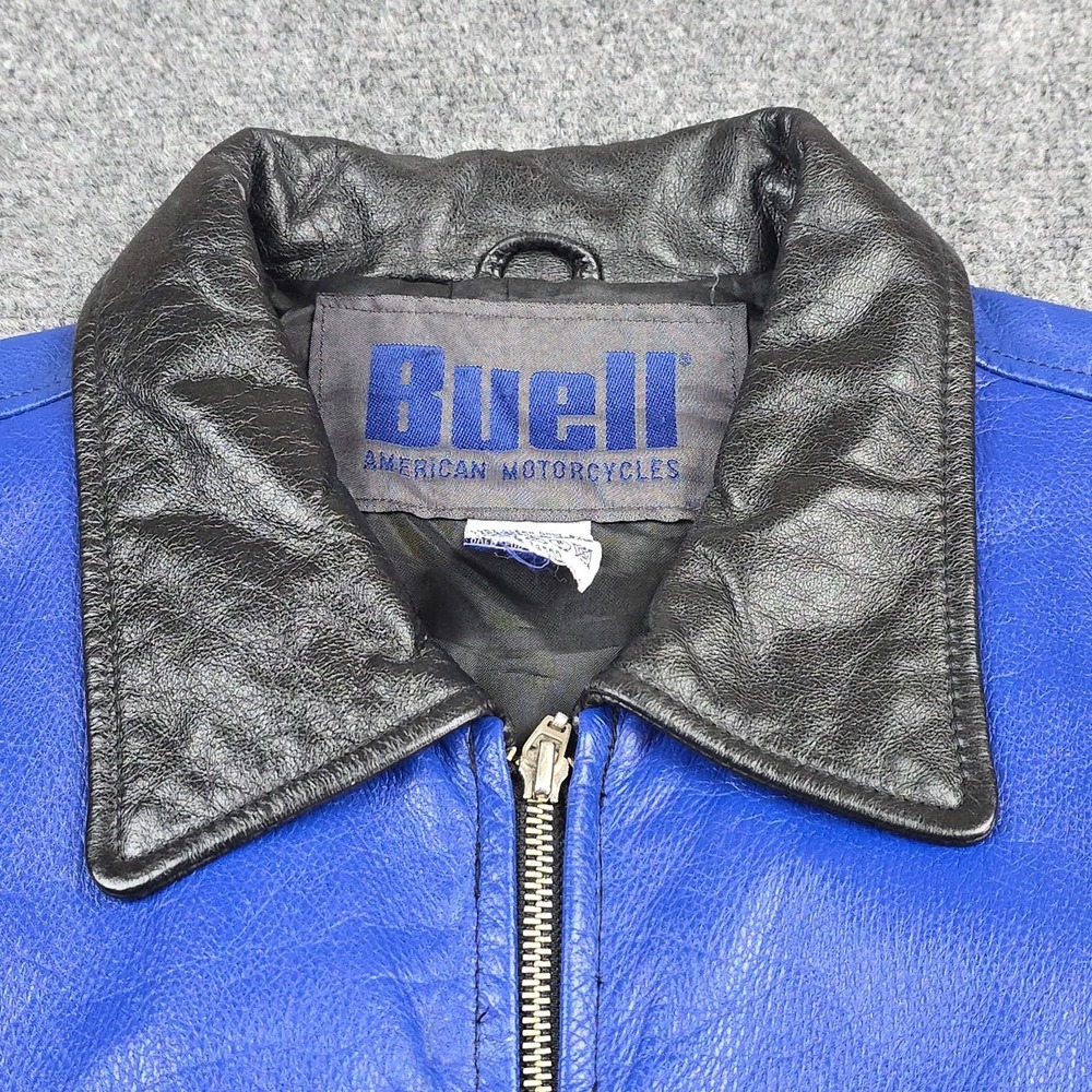 Vintage Buell American Motorcycles Leather Jacket Mens Large Black Blue Racing - Picture 3 of 14